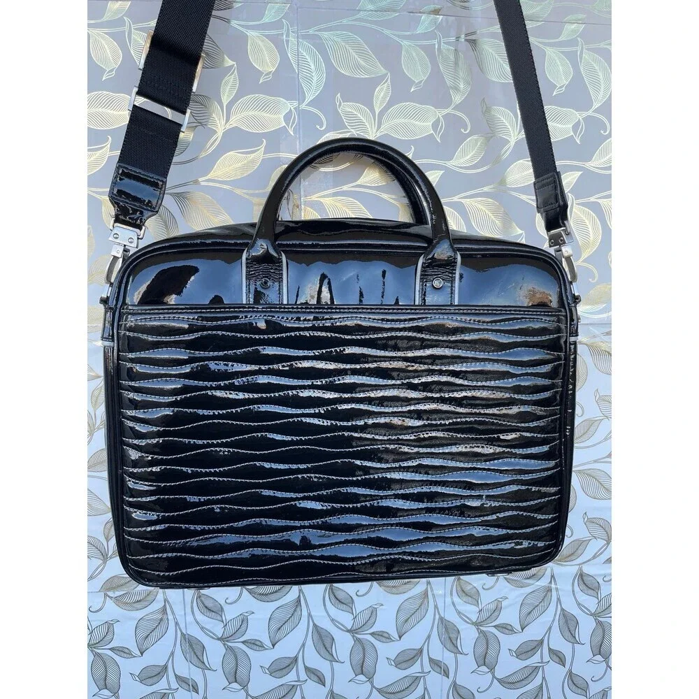 Tumi Black Patent Leather Laptop Briefcase Bag Wave Quilted Retro Whimsigoth Y2K